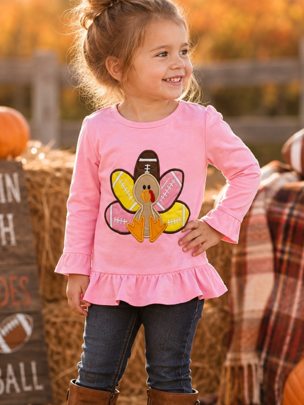 Girls Thanksgiving Football Turkey Shirt 3T Pink Ruffle Hem Boutique Fall Top